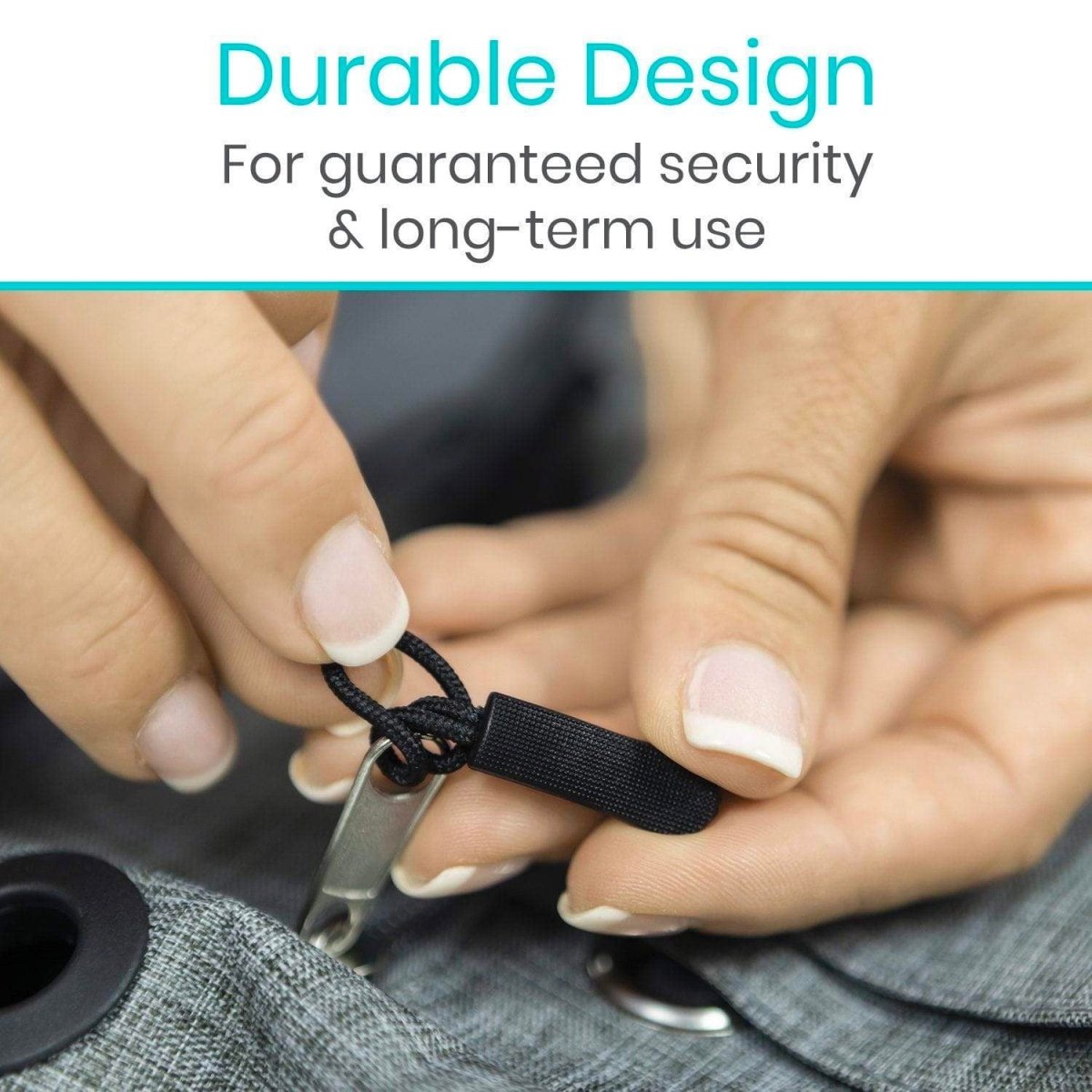 Black zipper pull with looped cord attached to a metal zipper slider