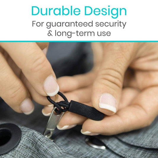 Black zipper pull with looped cord attached to a metal zipper slider