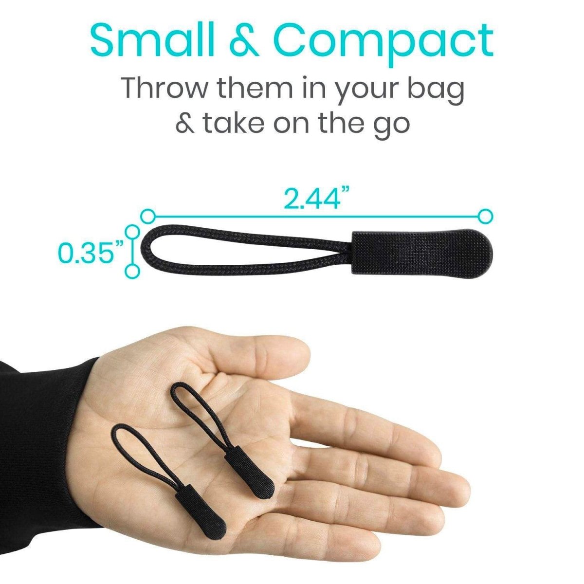 Black zipper pull tab with loop cord, compact size 2.44 in
