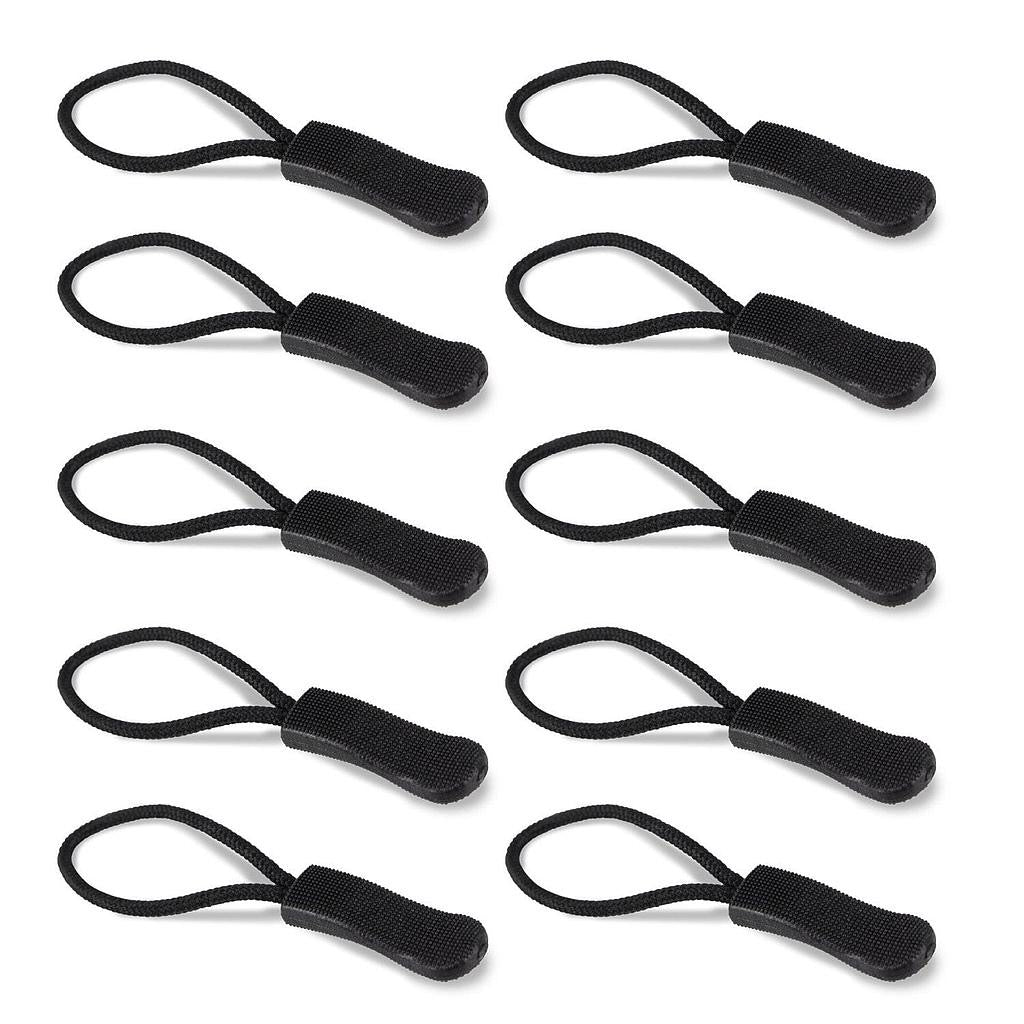 Set of black fabric zipper pulls with looped cord and textured pull tabs