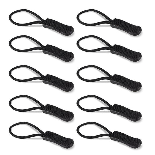Set of black fabric zipper pulls with looped cord and textured pull tabs