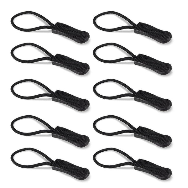 Set of black fabric zipper pulls with looped cord and textured pull tabs