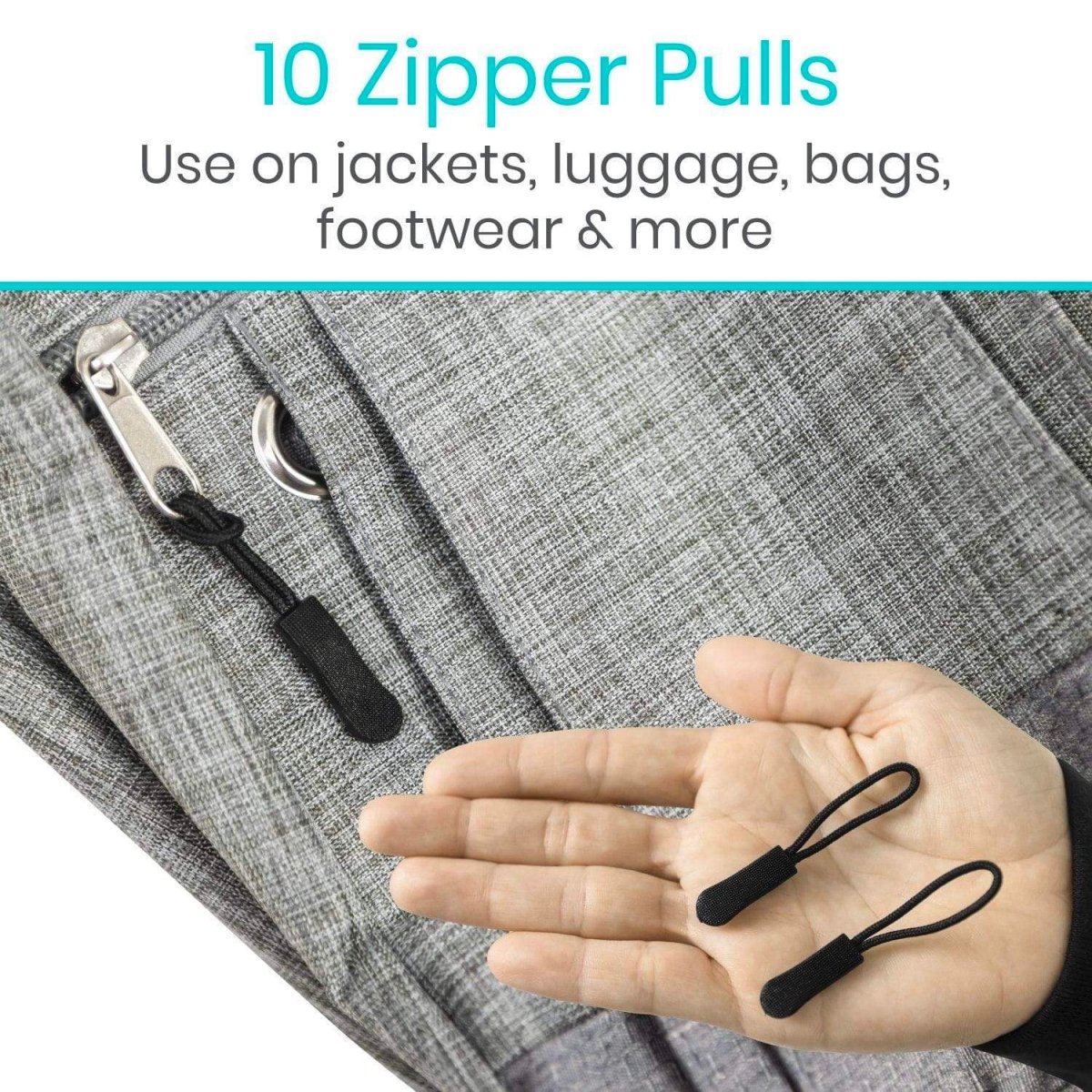 Black zipper pull tabs on metal zippers, two pulls shown in hand