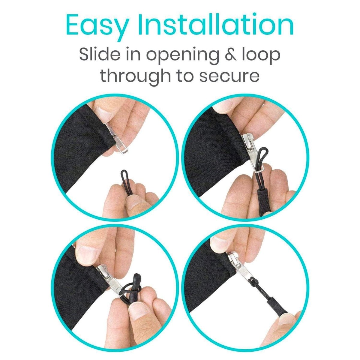 Hands installing a black zipper pull: loop threads through zipper opening and clips