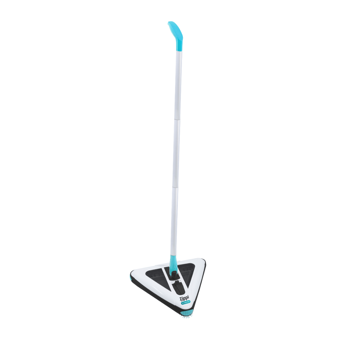 Electric floor sweeper with white triangular base, black inserts, teal handle and bristle head.