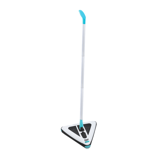 Electric floor sweeper with white triangular base, black inserts, teal handle and bristle head.