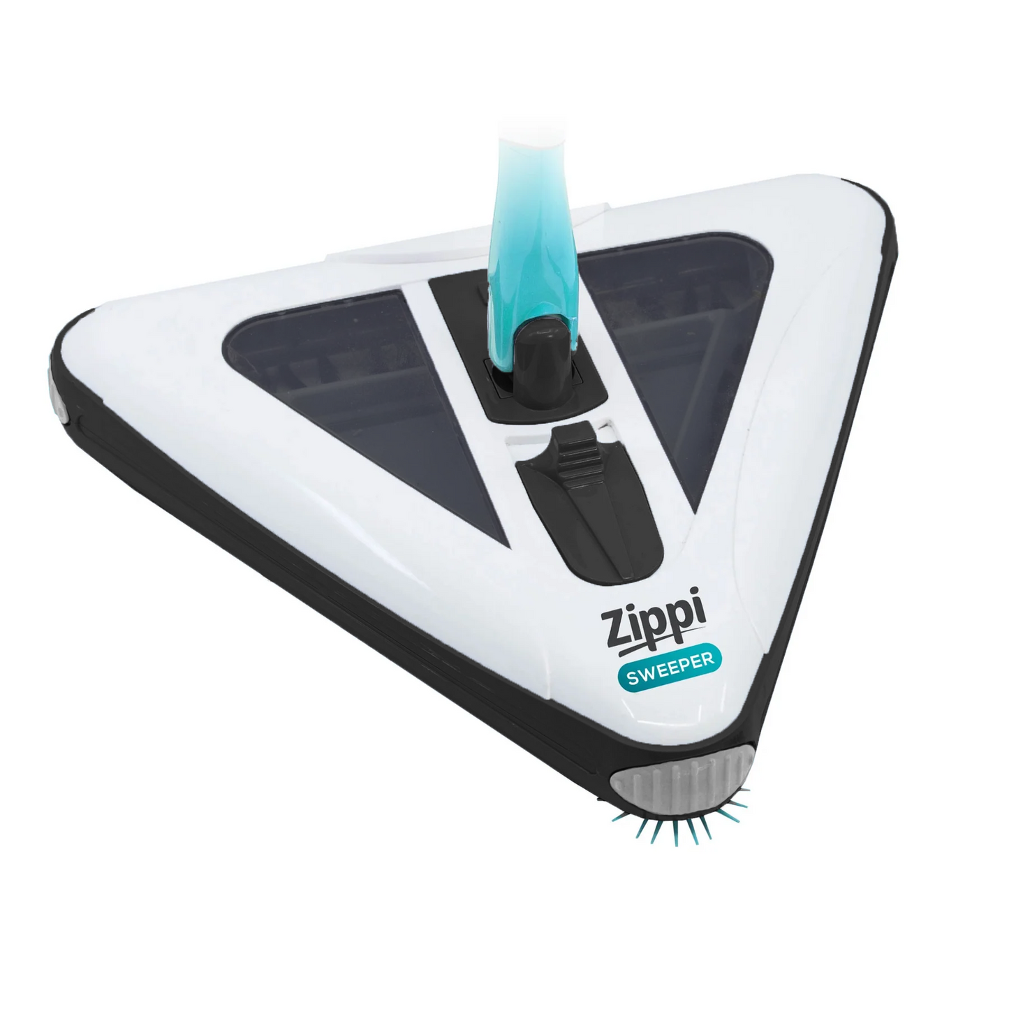 Electric floor sweeper underside with bristle strip and white base with teal handle mount.