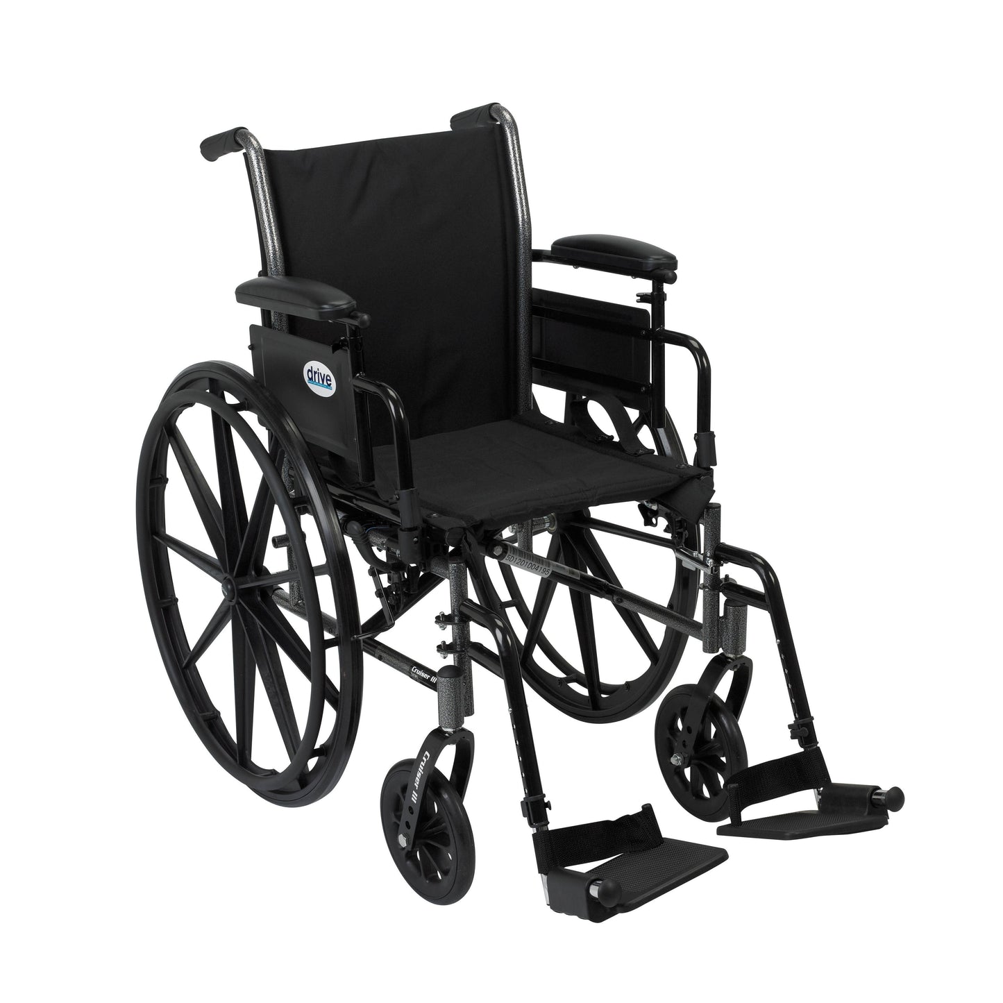 Black lightweight wheelchair with padded seat, flip-back removable arms, swing-away footrests