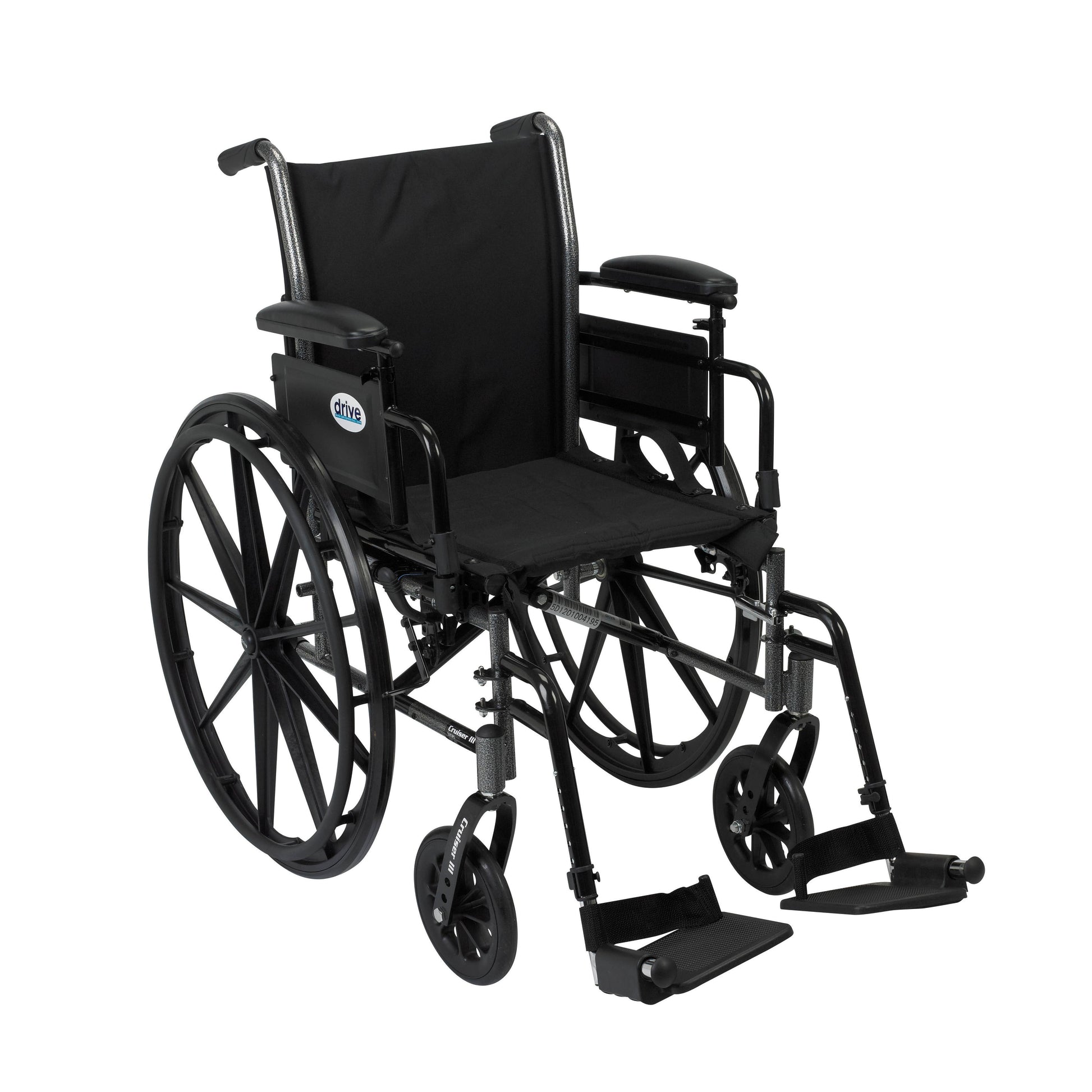 Black lightweight wheelchair with padded seat, flip-back removable arms, swing-away footrests