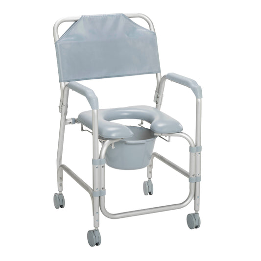 Lightweight portable shower commode chair with padded seat, armrests, and casters